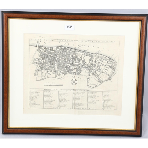 1560 - 18th century map, The Parishes of St Olav and St Thomas Southwark published 1755, plate size 28cm x ... 