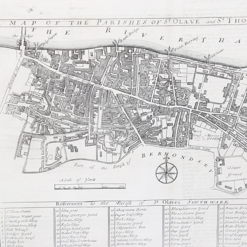 1560 - 18th century map, The Parishes of St Olav and St Thomas Southwark published 1755, plate size 28cm x ... 