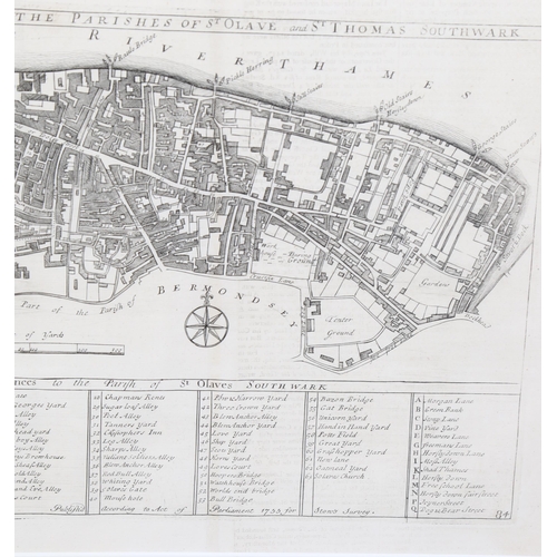 1560 - 18th century map, The Parishes of St Olav and St Thomas Southwark published 1755, plate size 28cm x ... 