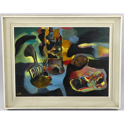 1563 - D Keay, oil on board, surrealist, signed, 45cm x 60cm, framed