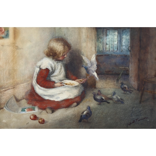 1566 - Maude Turner (1862 - 1947), watercolour, girl feeding pigeons, signed, 23cm x 34cm, framed