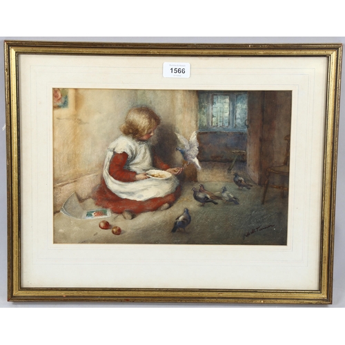 1566 - Maude Turner (1862 - 1947), watercolour, girl feeding pigeons, signed, 23cm x 34cm, framed