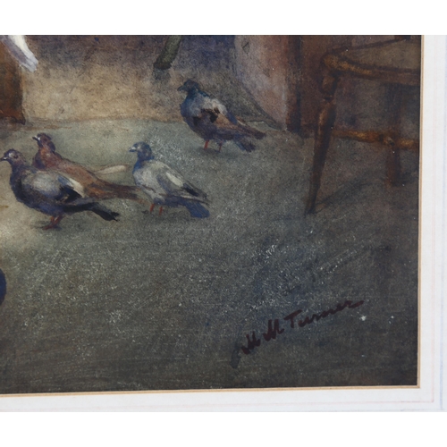 1566 - Maude Turner (1862 - 1947), watercolour, girl feeding pigeons, signed, 23cm x 34cm, framed