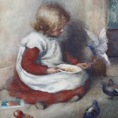 1566 - Maude Turner (1862 - 1947), watercolour, girl feeding pigeons, signed, 23cm x 34cm, framed