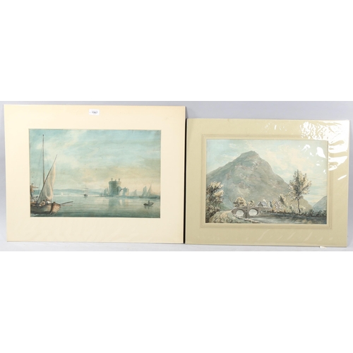 1567 - 2 x 18th or 19th century watercolours, Continental harbour scene, 34cm x 50cm, and cottage in the mo... 