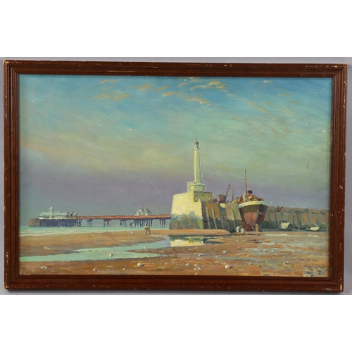 1569 - Mid-20th century oil on board, Margate harbour at low tide, unsigned, 32cm x 49cm, framed