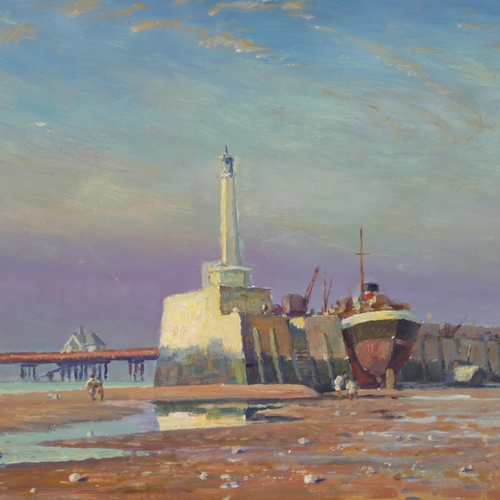 1569 - Mid-20th century oil on board, Margate harbour at low tide, unsigned, 32cm x 49cm, framed