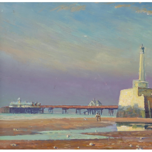 1569 - Mid-20th century oil on board, Margate harbour at low tide, unsigned, 32cm x 49cm, framed