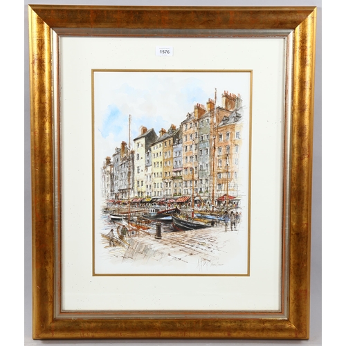 1576 - Alex Jawdokimov (born 1937), watercolour, harbour scene Honfleur, 46cm x 35cm, framed