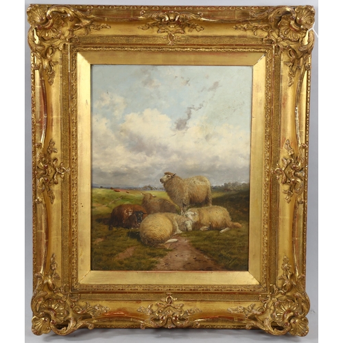 1577 - 19th century oil on wood panel, sheep in a field, signed with monogram, 45cm x 34cm, framed