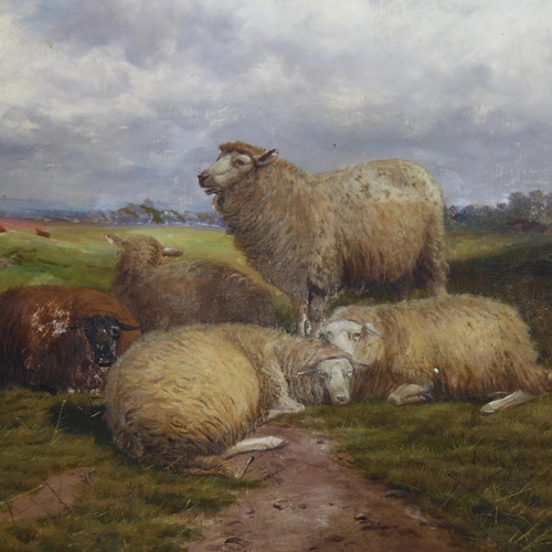 1577 - 19th century oil on wood panel, sheep in a field, signed with monogram, 45cm x 34cm, framed