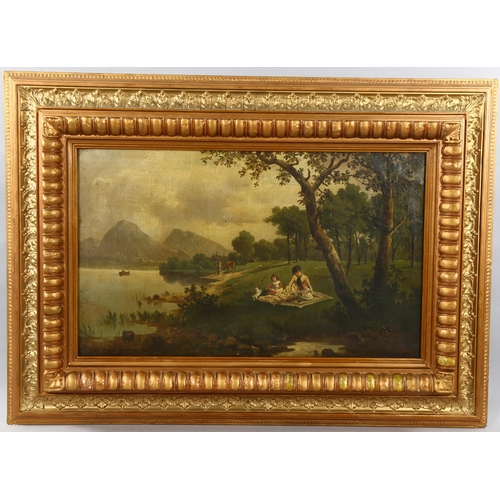 1578 - F Pisco, 19th century oil on canvas, picnic on a riverbank, signed, 50cm x 85cm, framed