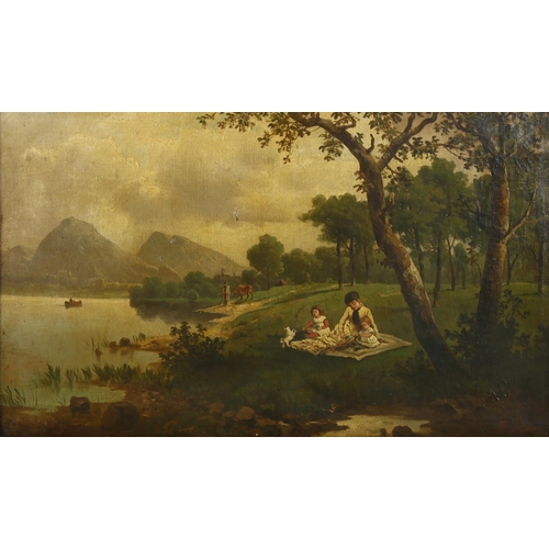 1578 - F Pisco, 19th century oil on canvas, picnic on a riverbank, signed, 50cm x 85cm, framed