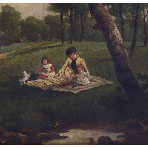 1578 - F Pisco, 19th century oil on canvas, picnic on a riverbank, signed, 50cm x 85cm, framed