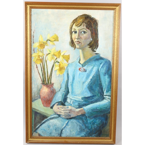 1580 - E Levey, mid-20th century oil on board, portrait of a woman, signed, 100cm x 62cm, framed