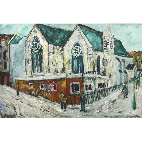 1581 - Mid-20th century oil on board, street scene, indistinctly signed, dated 1960, 60cm x 90cm, framed