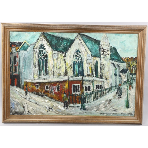 1581 - Mid-20th century oil on board, street scene, indistinctly signed, dated 1960, 60cm x 90cm, framed