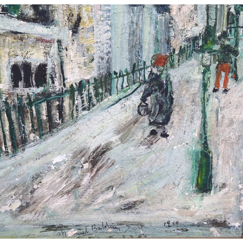 1581 - Mid-20th century oil on board, street scene, indistinctly signed, dated 1960, 60cm x 90cm, framed