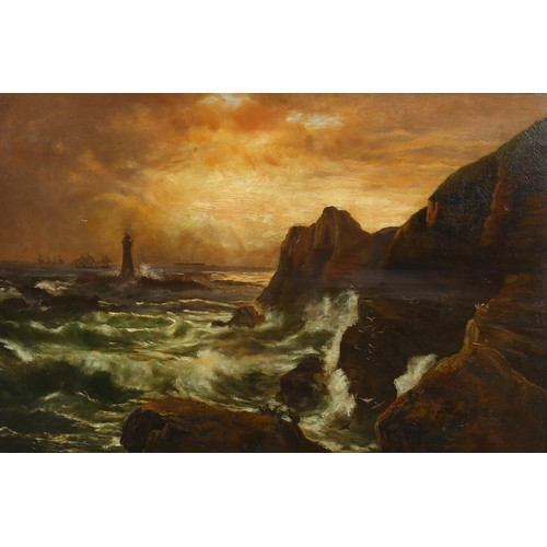 1582 - A late 19th century oil on canvas, sunset coastal scene near a lighthouse, unsigned, 50cm x 75cm, fr... 