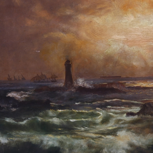 1582 - A late 19th century oil on canvas, sunset coastal scene near a lighthouse, unsigned, 50cm x 75cm, fr... 