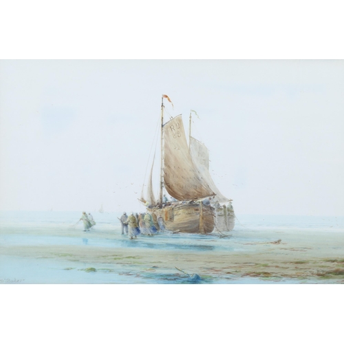 1585 - W Baker, watercolour, unloading catch, signed, 34cm x 50cm, framed