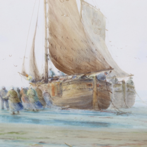 1585 - W Baker, watercolour, unloading catch, signed, 34cm x 50cm, framed