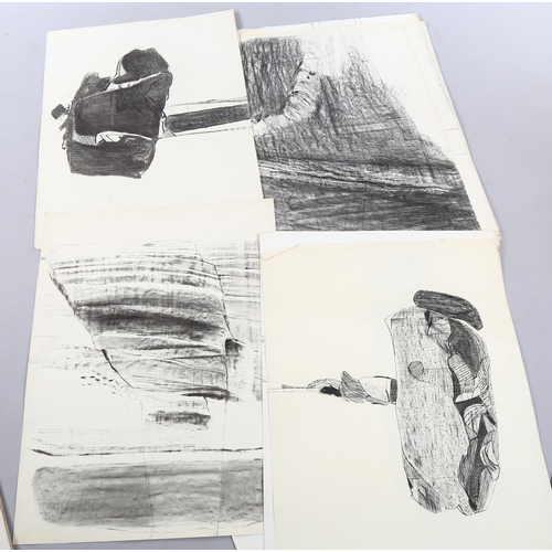 1587 - Folder of mid-20th century charcoal abstract drawings by the same hand, all unsigned, 56cm x 76cm (4... 