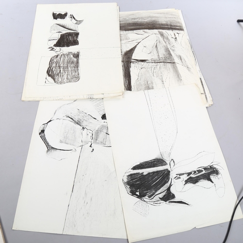 1587 - Folder of mid-20th century charcoal abstract drawings by the same hand, all unsigned, 56cm x 76cm (4... 