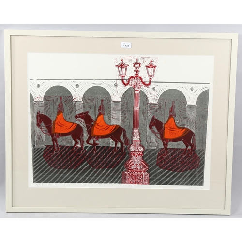 1592 - Robert Tavener, screenprint, Horse Guards in Friary Court, signed in pencil, no. 3/30, 50cm x 70cm, ... 