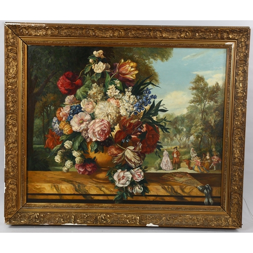 1593 - Mid-20th century oil on board, Dutch style still life flower study, indistinctly signed, 63cm x 78cm... 