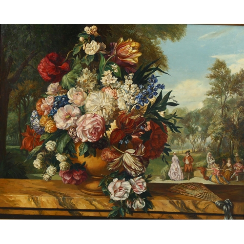 1593 - Mid-20th century oil on board, Dutch style still life flower study, indistinctly signed, 63cm x 78cm... 