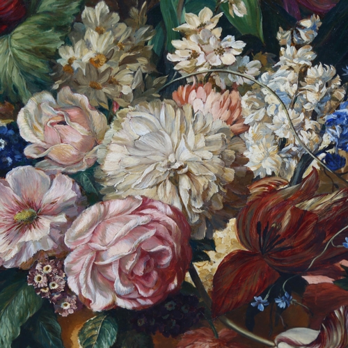 1593 - Mid-20th century oil on board, Dutch style still life flower study, indistinctly signed, 63cm x 78cm... 