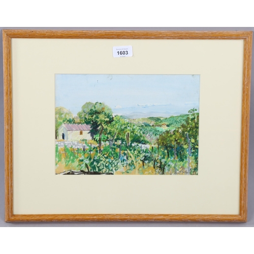 1603 - Virginia Powell (1939), gouache and pastel on paper, Vineyard and Tuscan View, signed lower right, 2... 