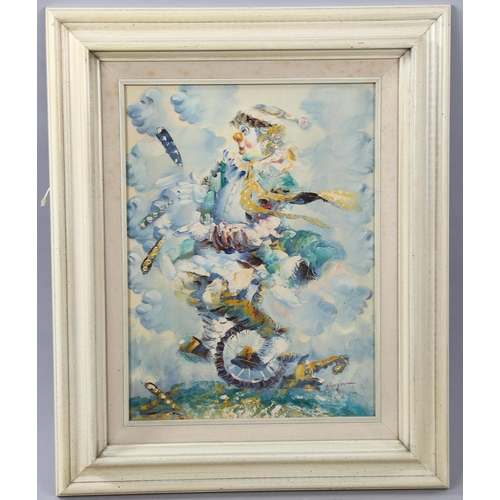 1607 - Late Twentieth Century, oil on canvas, Clown on Bicycle, signed indistinctly, 39cm x 29 cm, framed