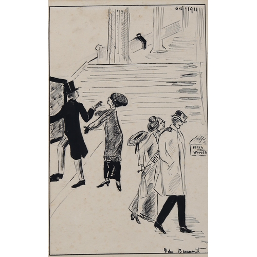 1631 - Helen Beaumont, original pen and ink suffragette cartoon dated 1911, 20cm x 30cm, mounted