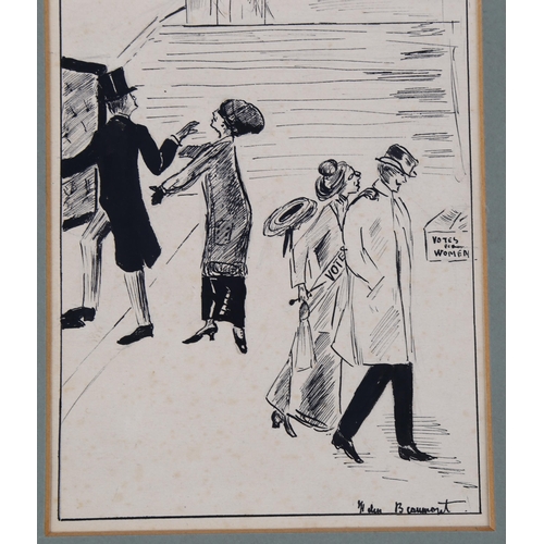 1631 - Helen Beaumont, original pen and ink suffragette cartoon dated 1911, 20cm x 30cm, mounted