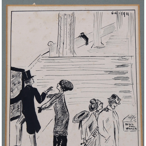 1631 - Helen Beaumont, original pen and ink suffragette cartoon dated 1911, 20cm x 30cm, mounted