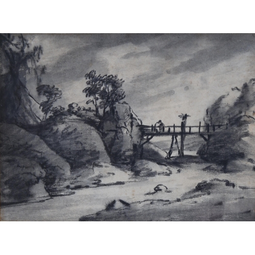 1639 - Dr Thomas Monro, charcoal on paper, bridge over a river, 16cm x 21cm, framed