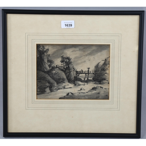 1639 - Dr Thomas Monro, charcoal on paper, bridge over a river, 16cm x 21cm, framed