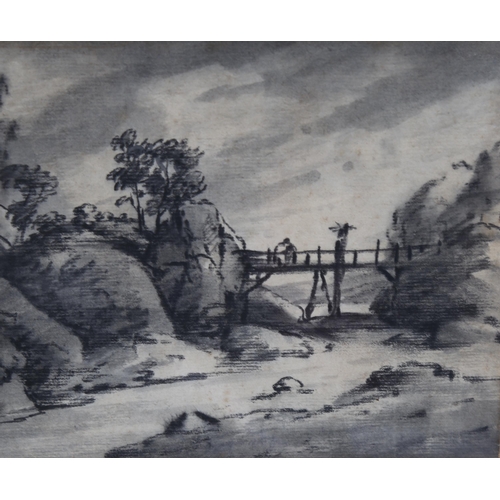 1639 - Dr Thomas Monro, charcoal on paper, bridge over a river, 16cm x 21cm, framed