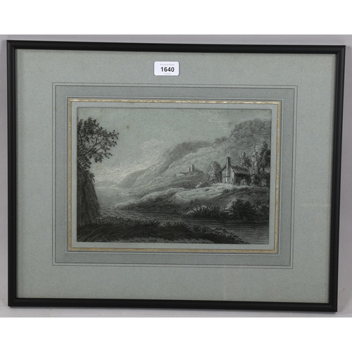 1640 - Dr Thomas Monro, charcoal/chalk on blue paper, lake scene after Gainsborough, 21cm x 30cm, framed