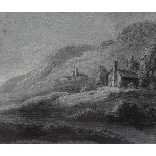 1640 - Dr Thomas Monro, charcoal/chalk on blue paper, lake scene after Gainsborough, 21cm x 30cm, framed