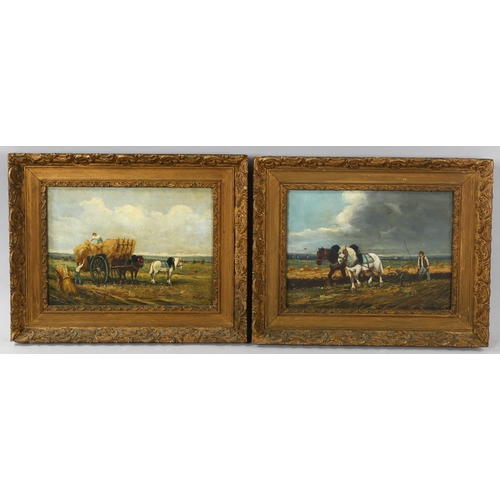 1643 - A pair of early 20th century oils on board, harvest and ploughing scenes, indistinctly signed, 24cm ... 