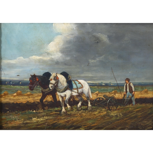 1643 - A pair of early 20th century oils on board, harvest and ploughing scenes, indistinctly signed, 24cm ... 