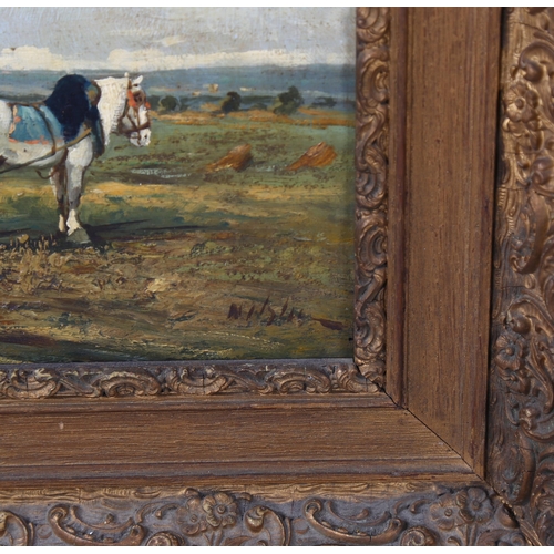 1643 - A pair of early 20th century oils on board, harvest and ploughing scenes, indistinctly signed, 24cm ... 