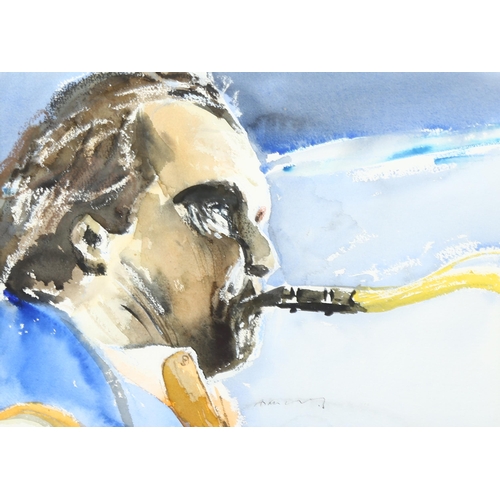 1646 - Alan Luff (1927 - 2021), watercolour, portrait of saxophone player, signed, 27cm x 37cm, framed