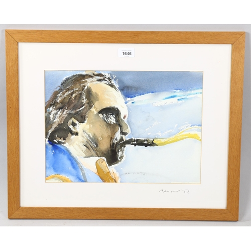 1646 - Alan Luff (1927 - 2021), watercolour, portrait of saxophone player, signed, 27cm x 37cm, framed