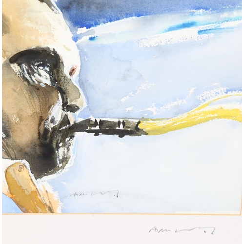 1646 - Alan Luff (1927 - 2021), watercolour, portrait of saxophone player, signed, 27cm x 37cm, framed