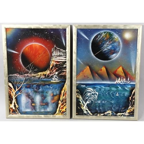 1648 - 3 acrylic fantasy studies dated 2001, 60cm x 40cm, framed (3)