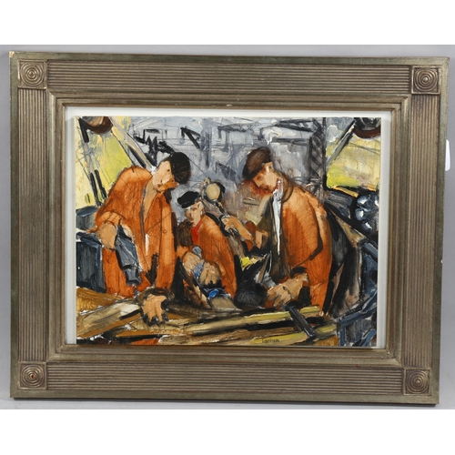 1654 - John Lipsham, oil on board, 3 shipwrights, 28cm x 37cm, framed